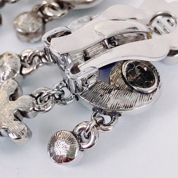 Signed Kirks Folly Blue Rhinestone Floral Chandelier Clip On Earrings Vintage - Picture 8 of 10